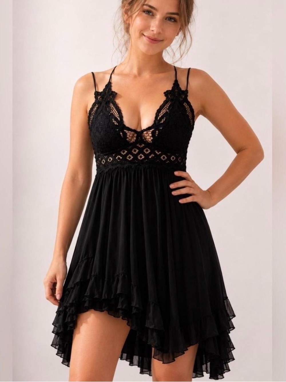 Free People Black Lace Trim Babydoll Dress